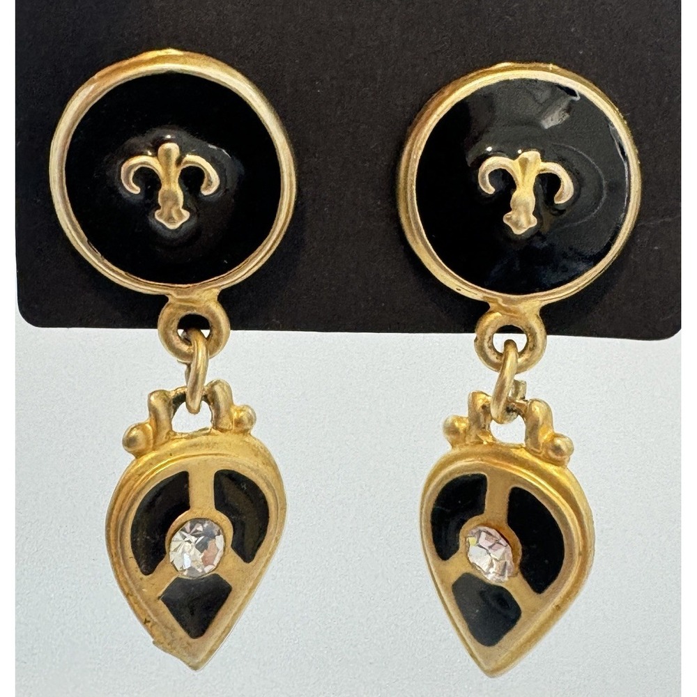 Gold Tone Fleur De Lis Motif Black Enamel Rhinestone's Motif Regal French Crown
